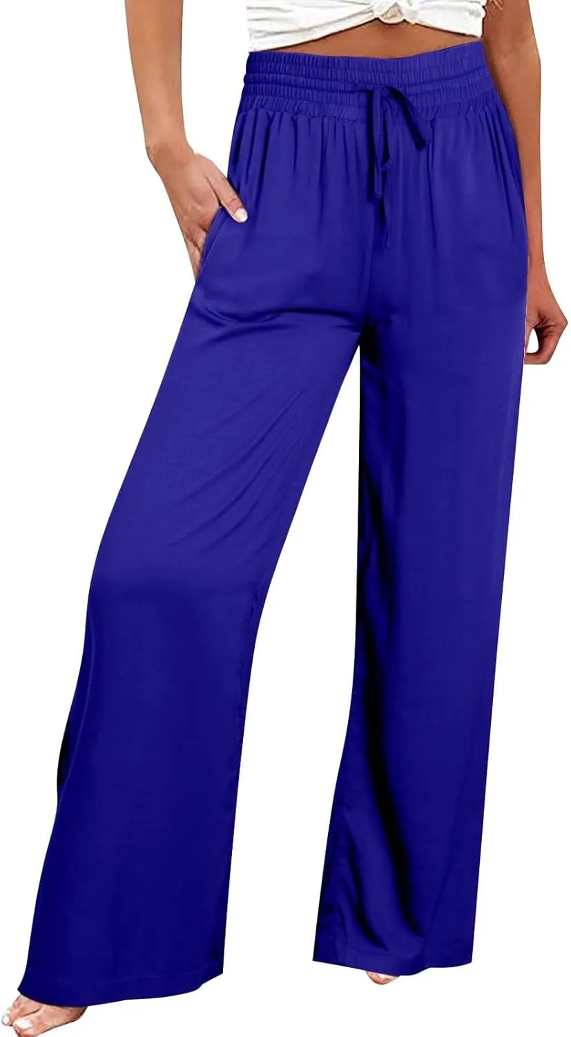 Womens Business Pants Fashion Dressy Wide Leg Work Pant Drawstring High Waisted Solid Color Loose Casual Trousers