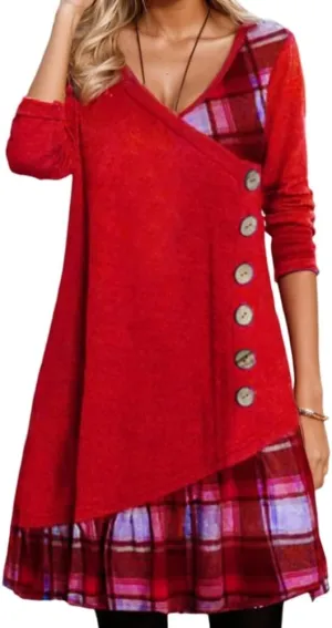 Women's Casual Plaind Print Button Patchwork Long Sleeve Dress Fall Pleated Front V-Neck Floral A-Line Midi Dresses