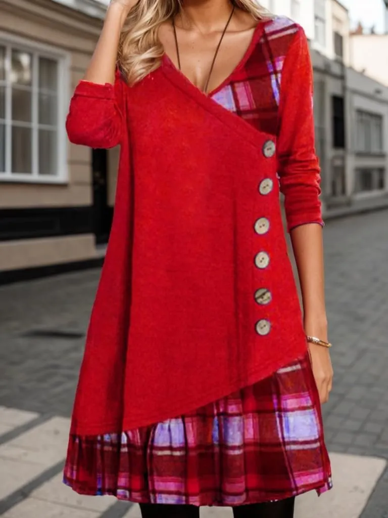 Women's Casual Plaind Print Button Patchwork Long Sleeve Dress Fall Pleated Front V-Neck Floral A-Line Midi Dresses