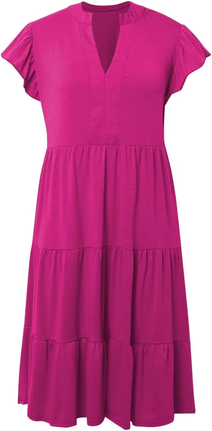 Women's Dresses V Neck Flounce Sleeve Patchwork Flared Skirt Pocket Dress Mid-Length Casual Dress Summer Dresses