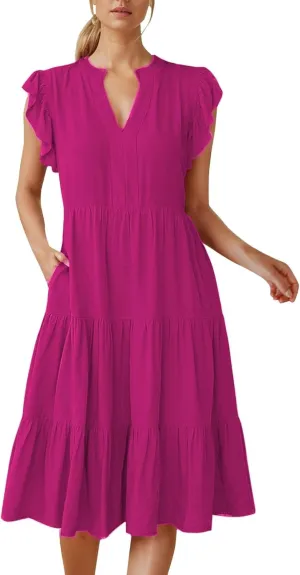 Women's Dresses V Neck Flounce Sleeve Patchwork Flared Skirt Pocket Dress Mid-Length Casual Dress Summer Dresses