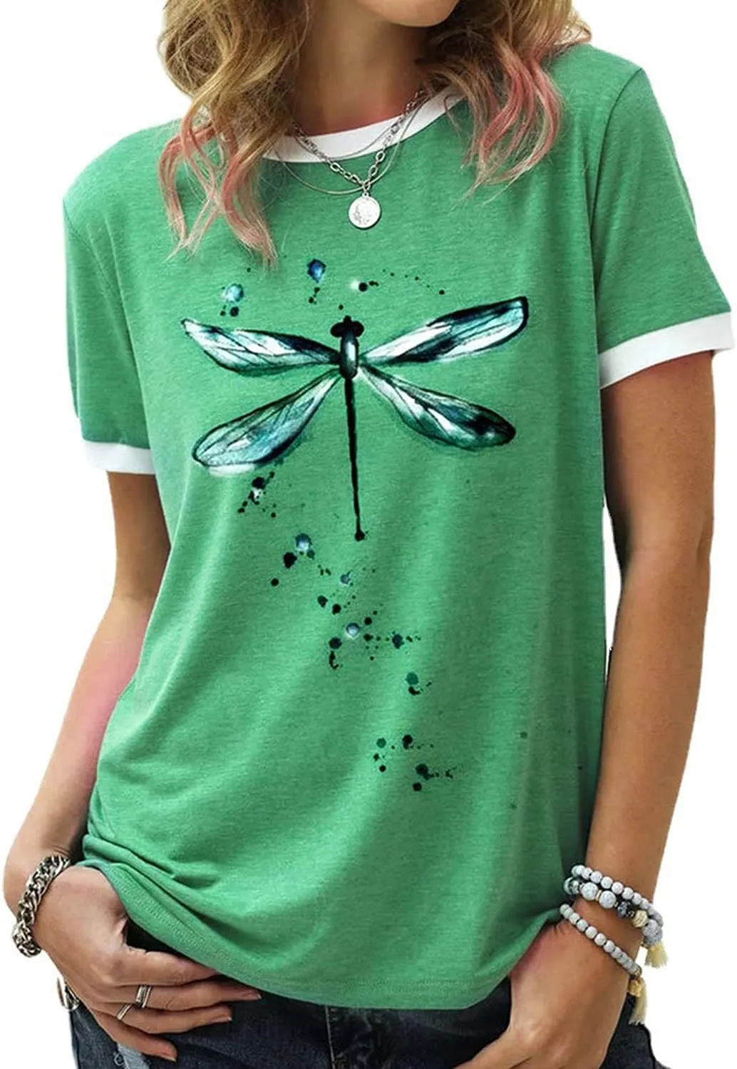 Women's Graphic Tees Casual Summer Funny Dragonfly Printed Short Sleeve Cute T Shirts Tops