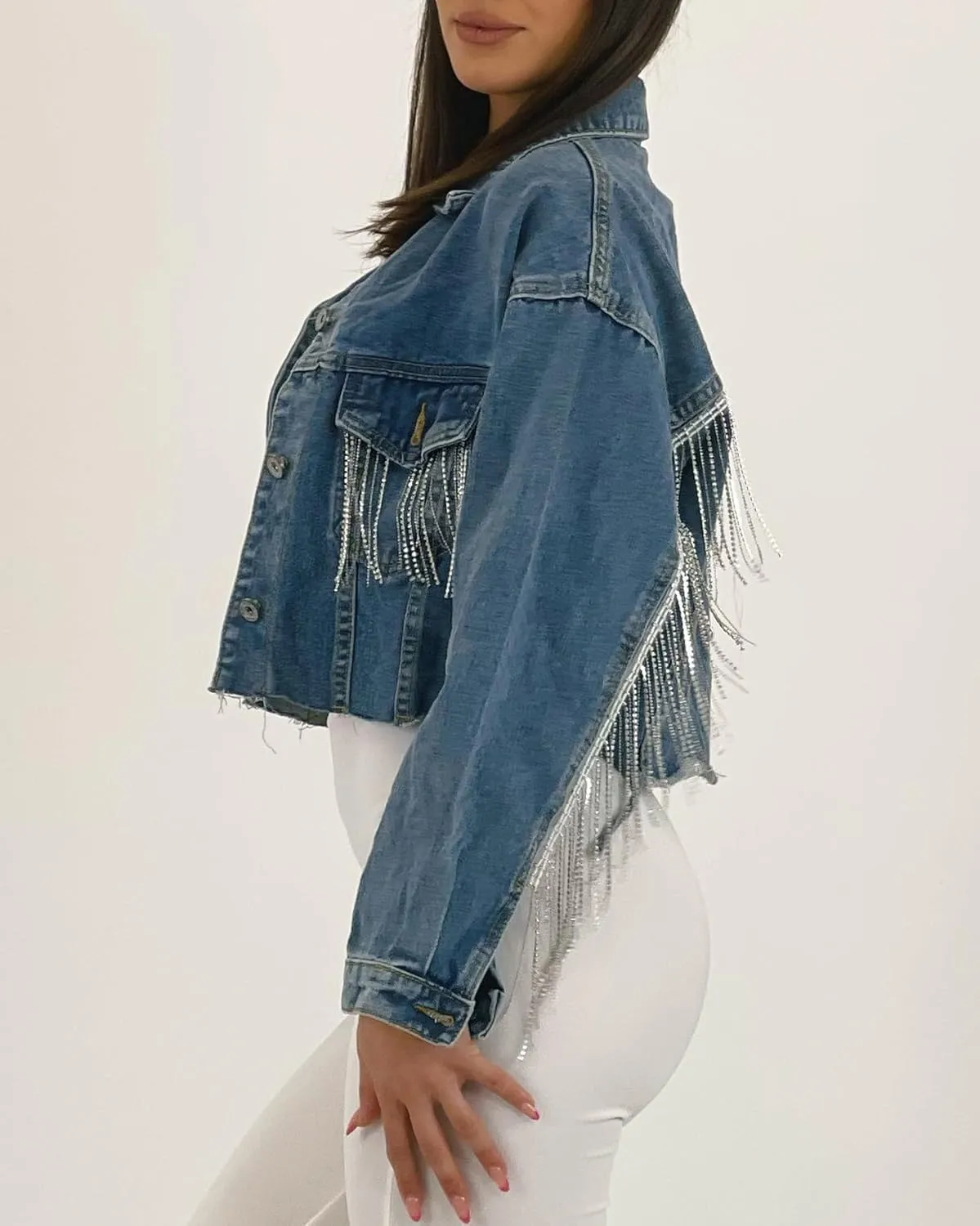 Women's Jean Jacket Button Down Fringe Cropped Denim Jackets Boyfriend Light Jackets Coats
