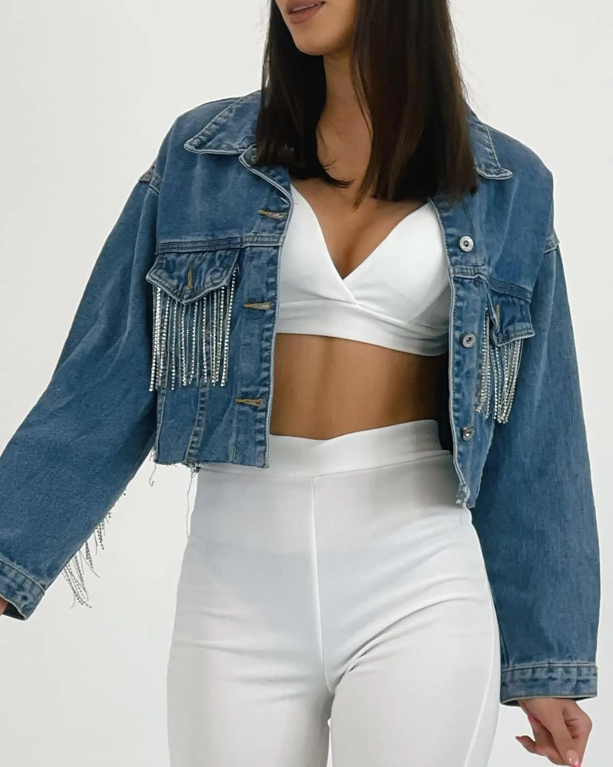 Women's Jean Jacket Button Down Fringe Cropped Denim Jackets Boyfriend Light Jackets Coats