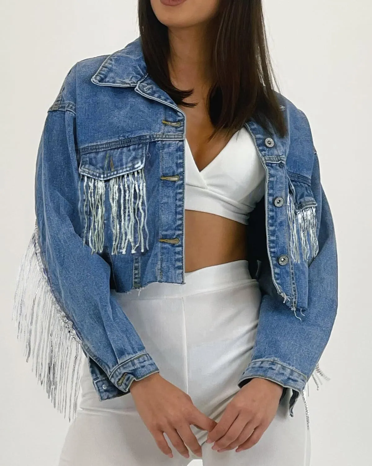 Women's Jean Jacket Button Down Fringe Cropped Denim Jackets Boyfriend Light Jackets Coats