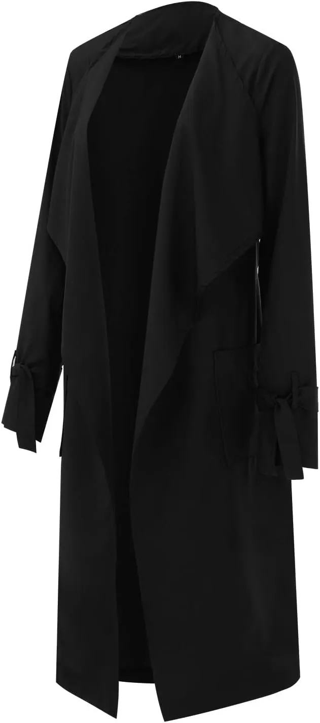 Women's Open Front Long Trench Coats Long Sleeve Slim Casual Pockted Windproof Overcoat with Belt and Cuff Straps