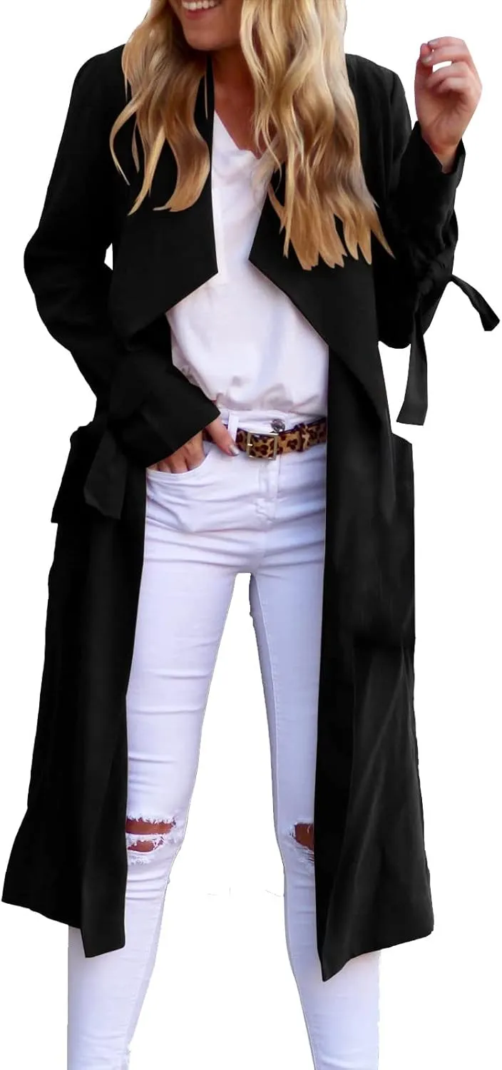 Women's Open Front Long Trench Coats Long Sleeve Slim Casual Pockted Windproof Overcoat with Belt and Cuff Straps