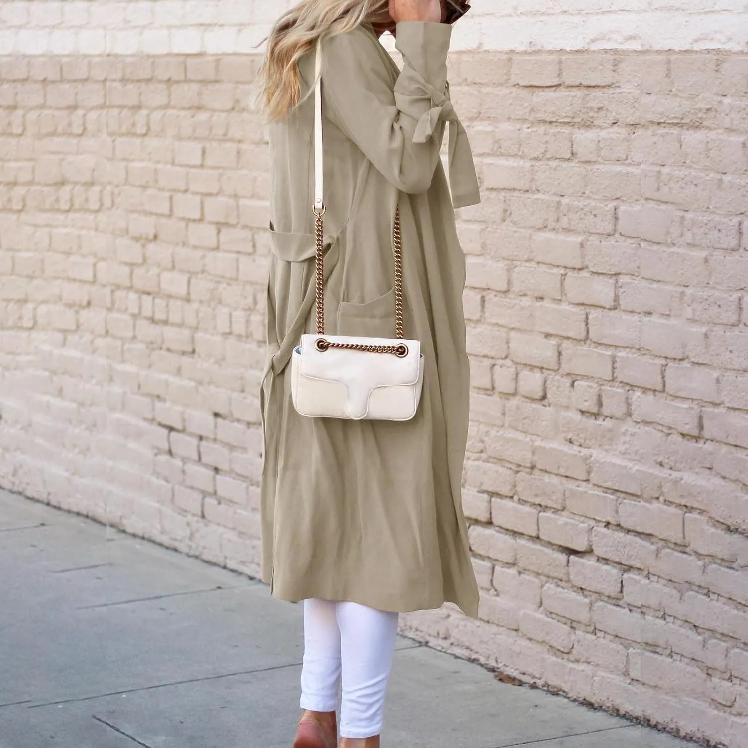 Women's Open Front Long Trench Coats Long Sleeve Slim Casual Pockted Windproof Overcoat with Belt and Cuff Straps