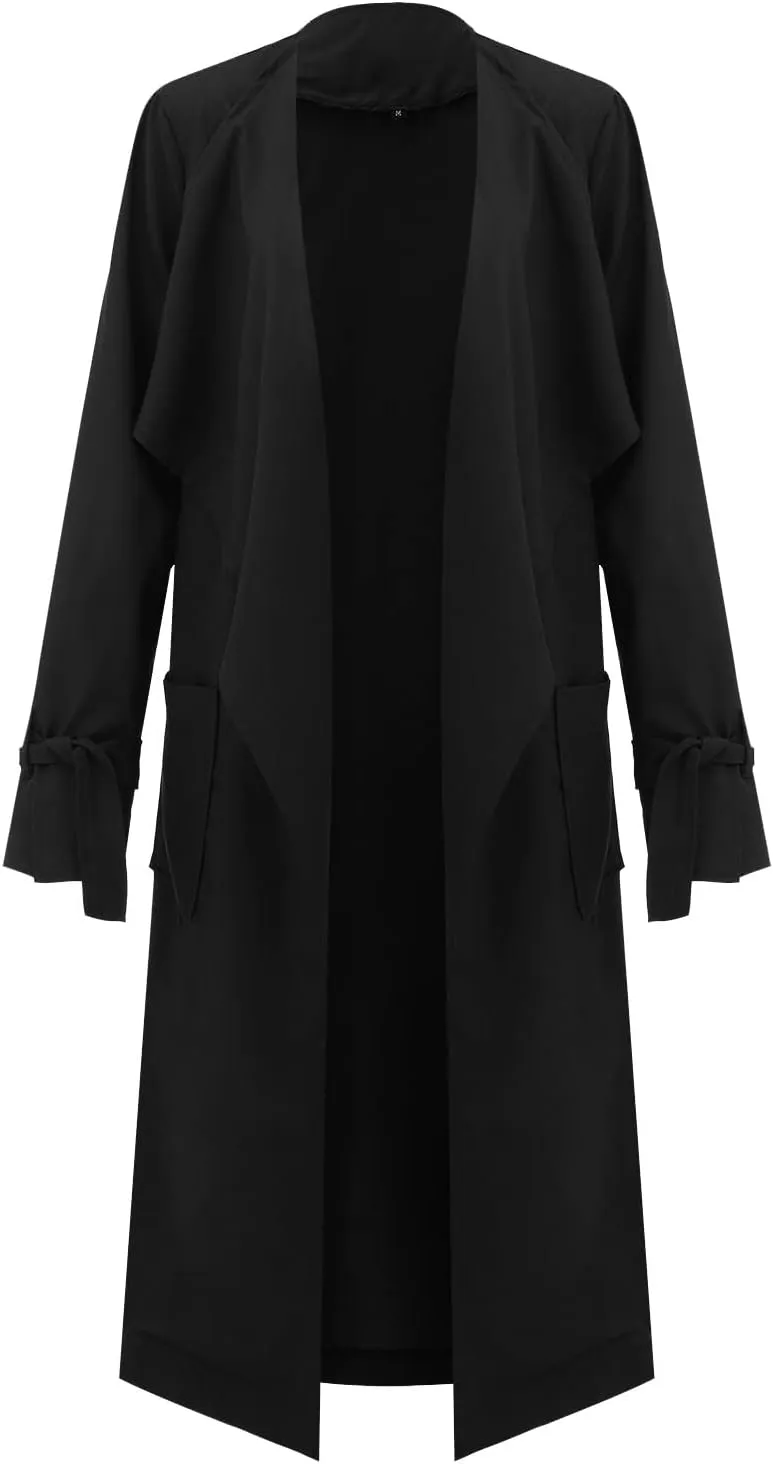 Women's Open Front Long Trench Coats Long Sleeve Slim Casual Pockted Windproof Overcoat with Belt and Cuff Straps