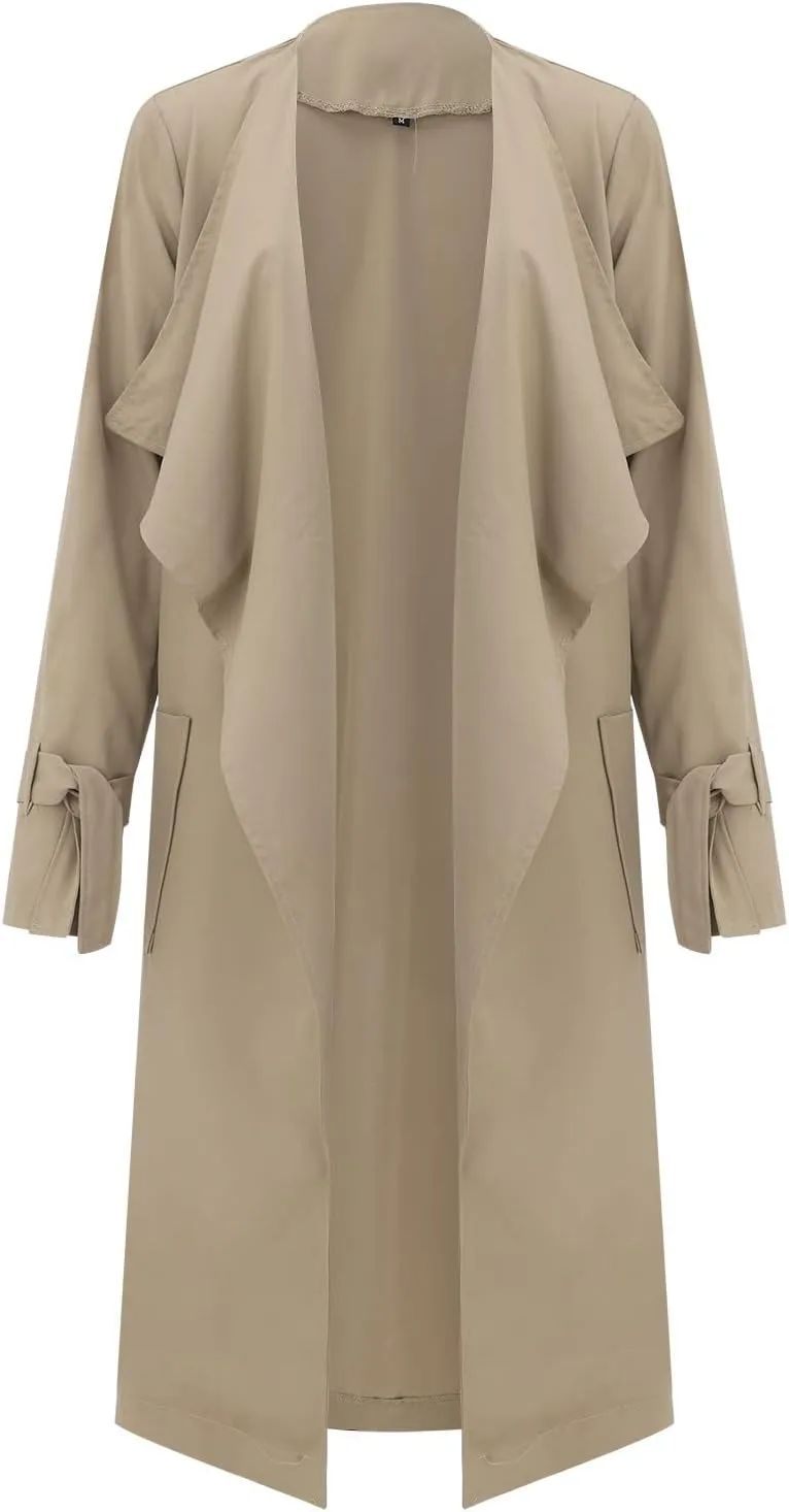 Women's Open Front Long Trench Coats Long Sleeve Slim Casual Pockted Windproof Overcoat with Belt and Cuff Straps