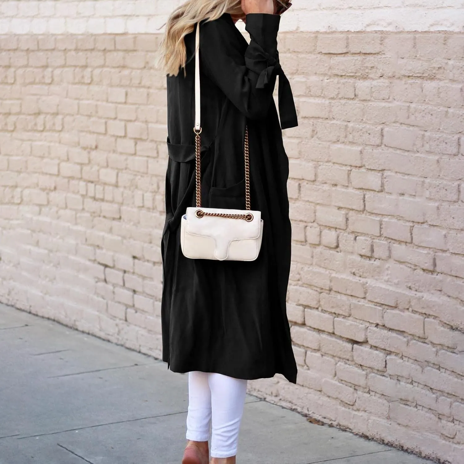 Women's Open Front Long Trench Coats Long Sleeve Slim Casual Pockted Windproof Overcoat with Belt and Cuff Straps