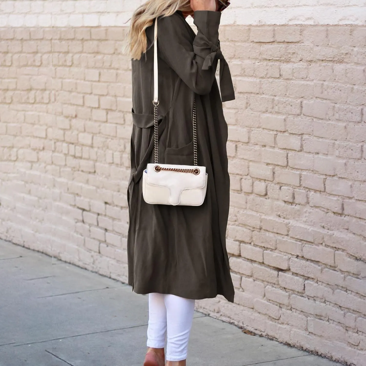 Women's Open Front Long Trench Coats Long Sleeve Slim Casual Pockted Windproof Overcoat with Belt and Cuff Straps