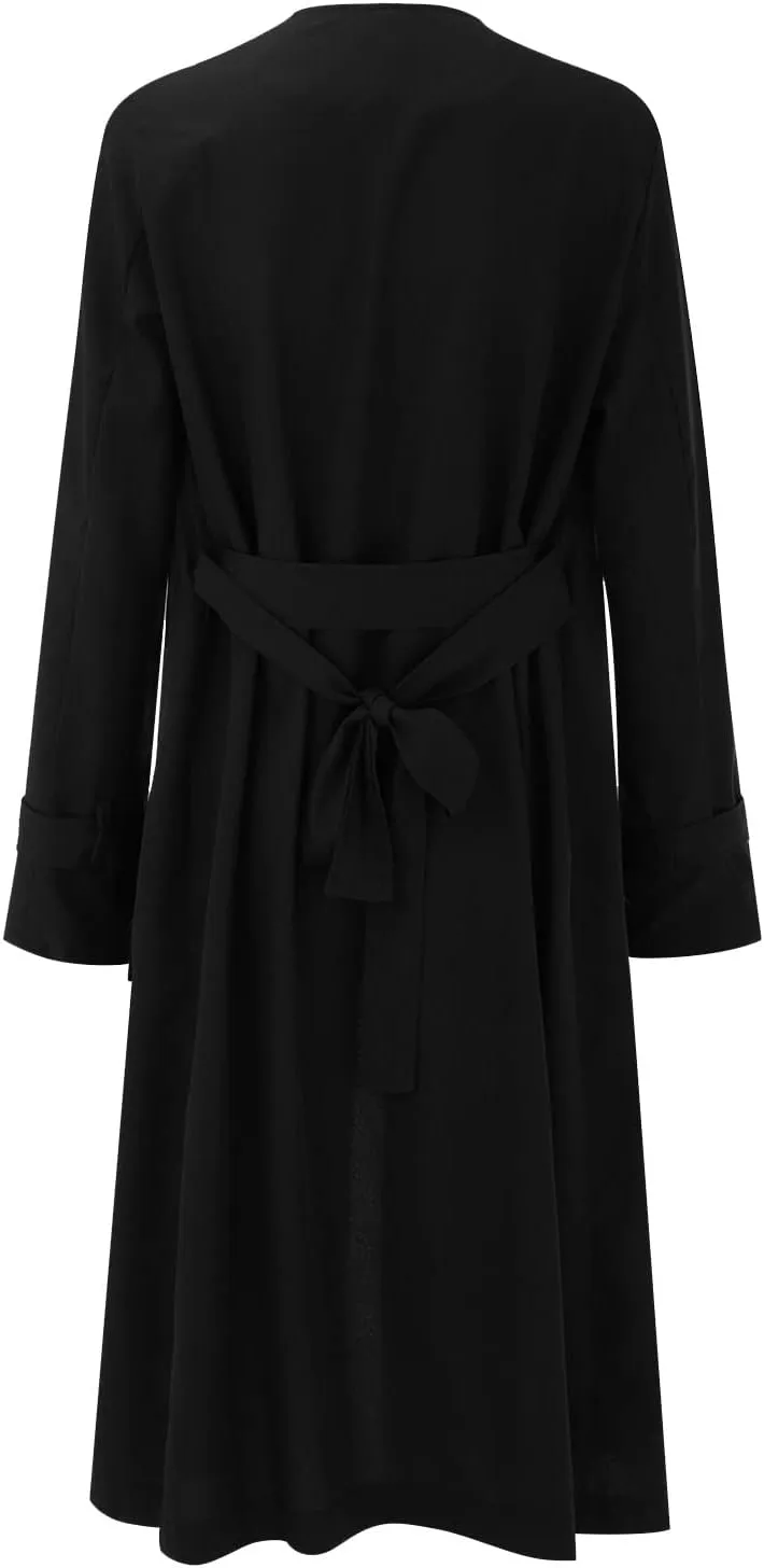 Women's Open Front Long Trench Coats Long Sleeve Slim Casual Pockted Windproof Overcoat with Belt and Cuff Straps