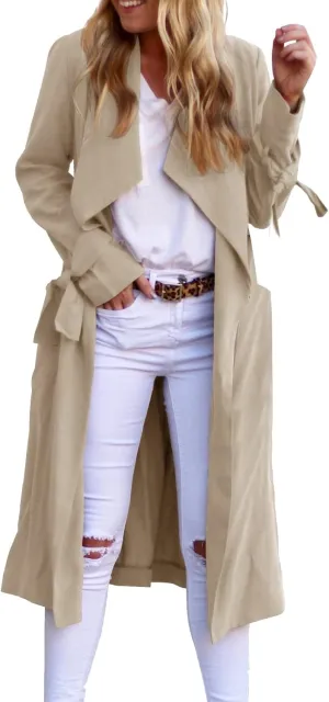 Women's Open Front Long Trench Coats Long Sleeve Slim Casual Pockted Windproof Overcoat with Belt and Cuff Straps