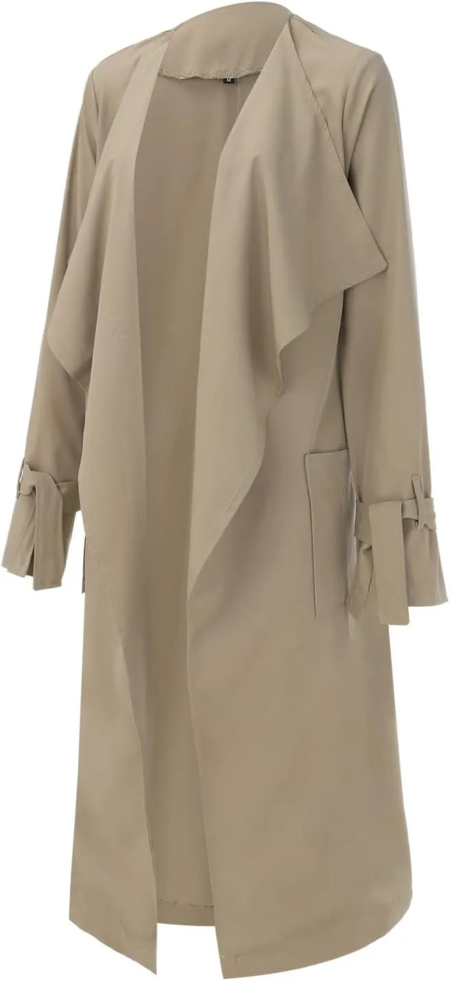 Women's Open Front Long Trench Coats Long Sleeve Slim Casual Pockted Windproof Overcoat with Belt and Cuff Straps