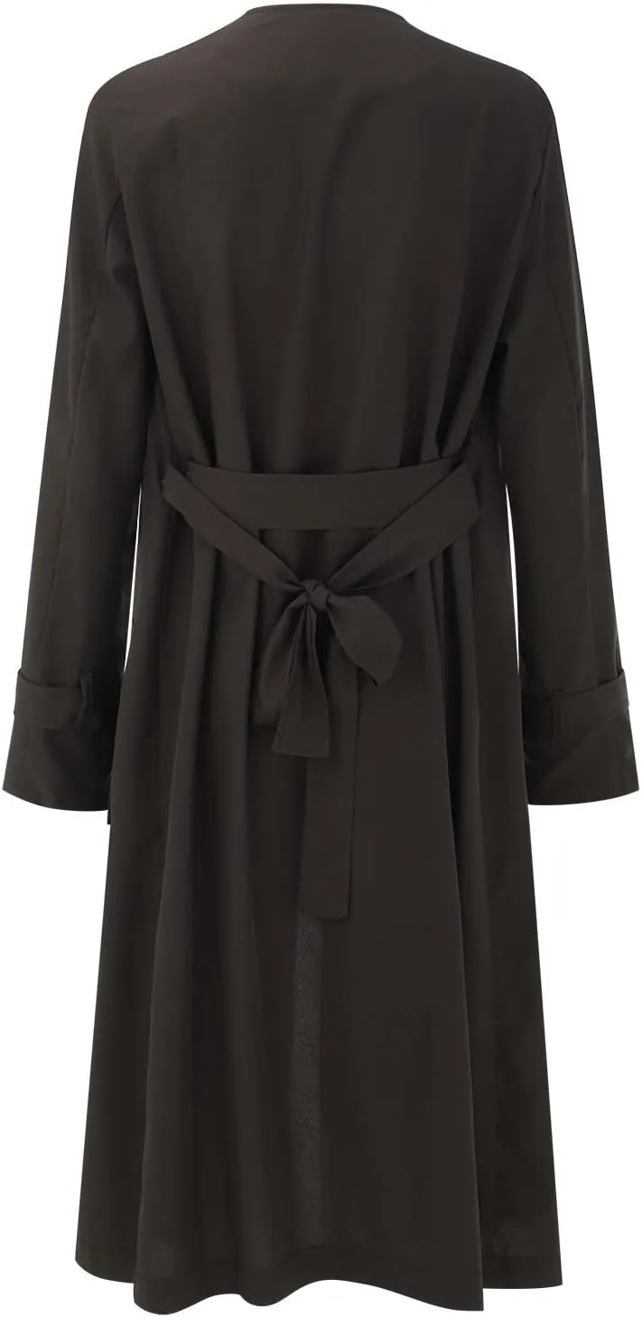 Women's Open Front Long Trench Coats Long Sleeve Slim Casual Pockted Windproof Overcoat with Belt and Cuff Straps