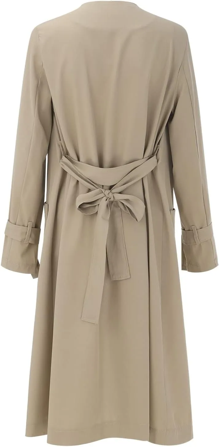 Women's Open Front Long Trench Coats Long Sleeve Slim Casual Pockted Windproof Overcoat with Belt and Cuff Straps
