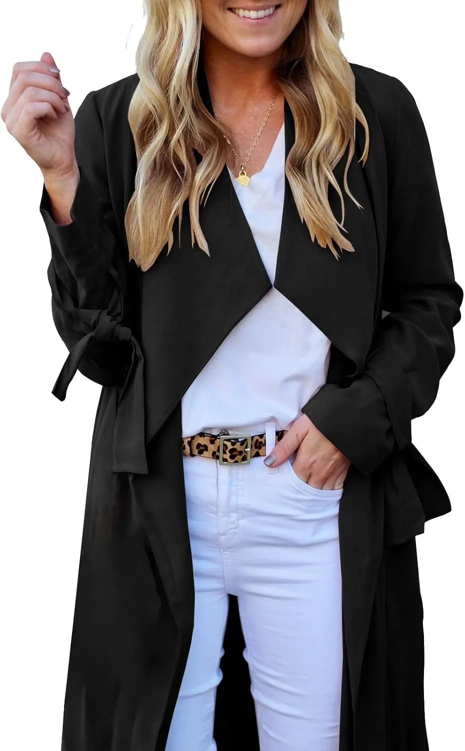Women's Open Front Long Trench Coats Long Sleeve Slim Casual Pockted Windproof Overcoat with Belt and Cuff Straps