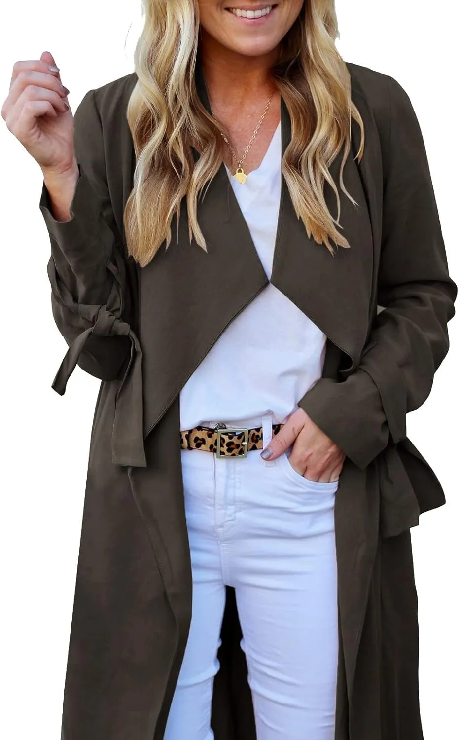 Women's Open Front Long Trench Coats Long Sleeve Slim Casual Pockted Windproof Overcoat with Belt and Cuff Straps