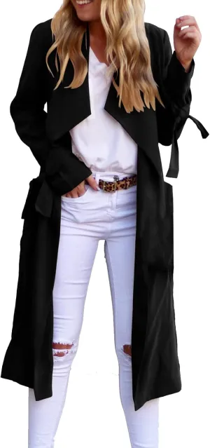 Women's Open Front Long Trench Coats Long Sleeve Slim Casual Pockted Windproof Overcoat with Belt and Cuff Straps