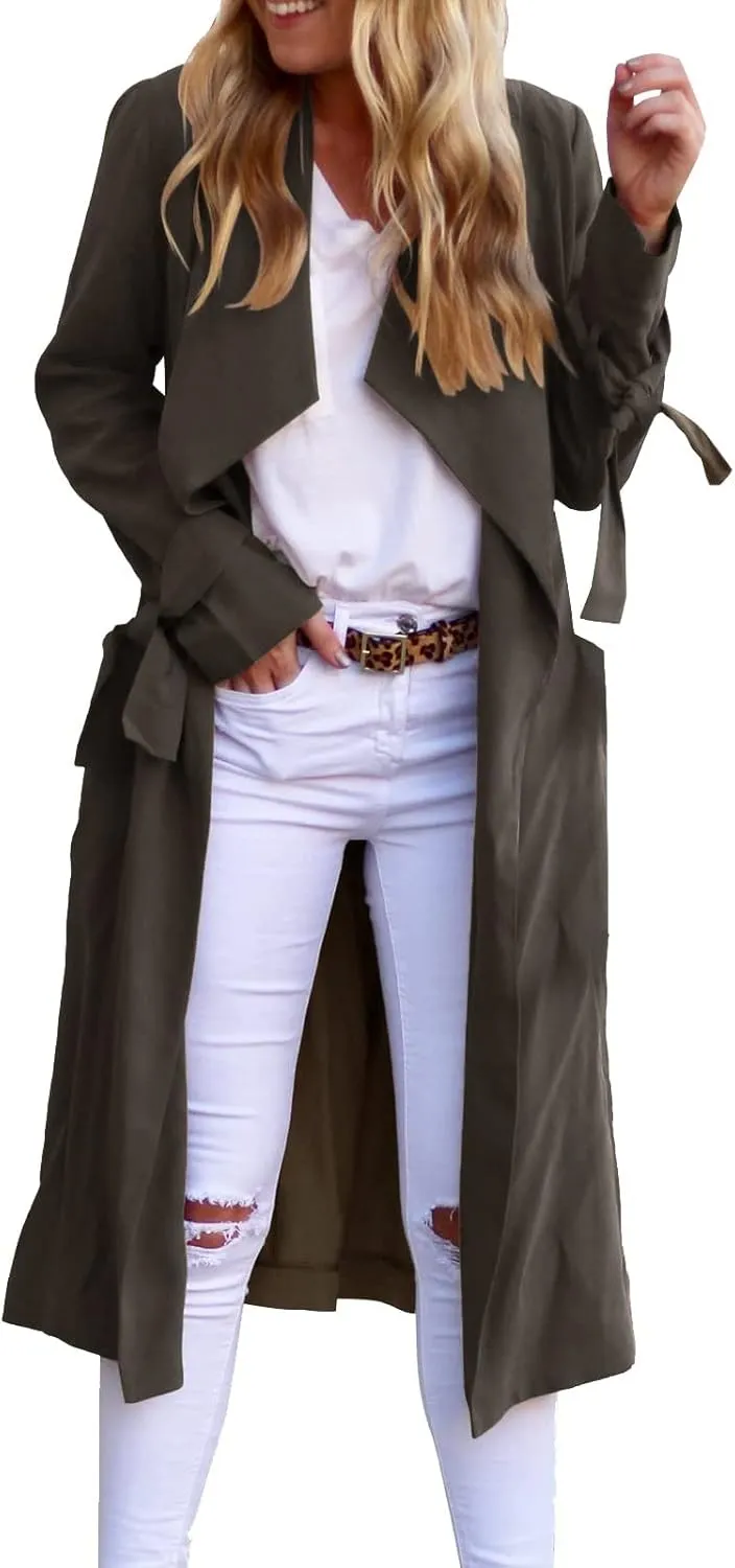 Women's Open Front Long Trench Coats Long Sleeve Slim Casual Pockted Windproof Overcoat with Belt and Cuff Straps