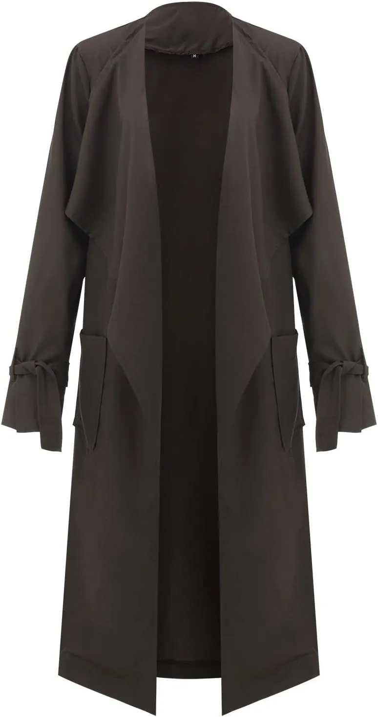 Women's Open Front Long Trench Coats Long Sleeve Slim Casual Pockted Windproof Overcoat with Belt and Cuff Straps