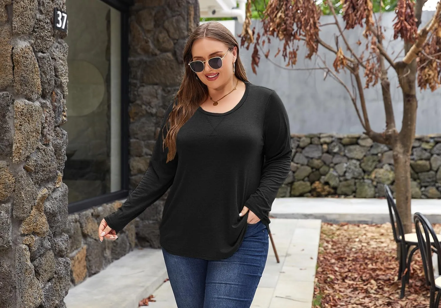Women's Plus Size Long Sleeve Round Neck Tunics Tops Casual Loose Fit T Shirt Blouse