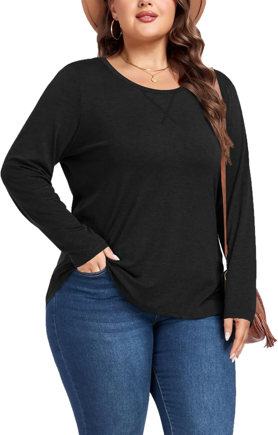 Women's Plus Size Long Sleeve Round Neck Tunics Tops Casual Loose Fit T Shirt Blouse