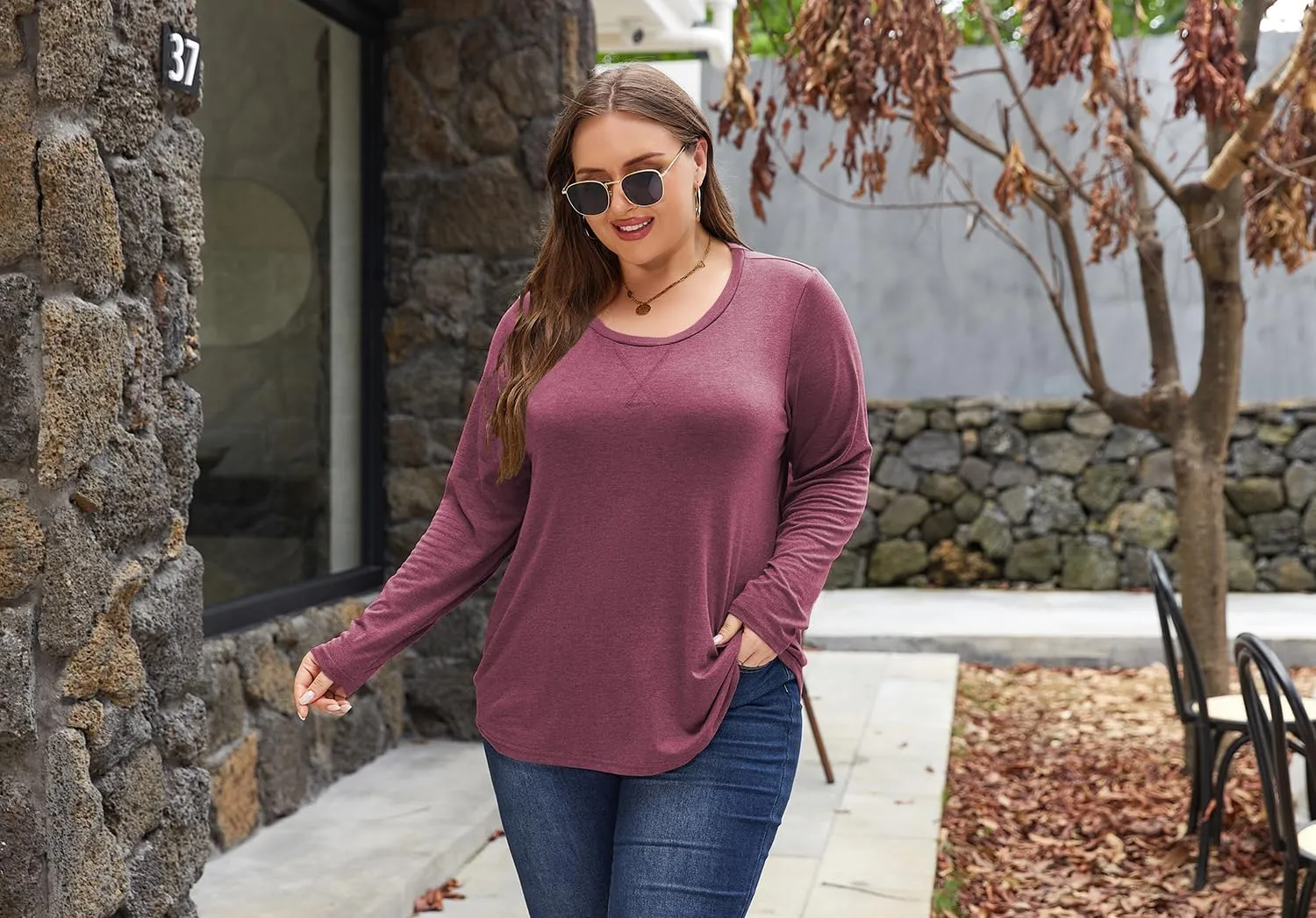 Women's Plus Size Long Sleeve Round Neck Tunics Tops Casual Loose Fit T Shirt Blouse