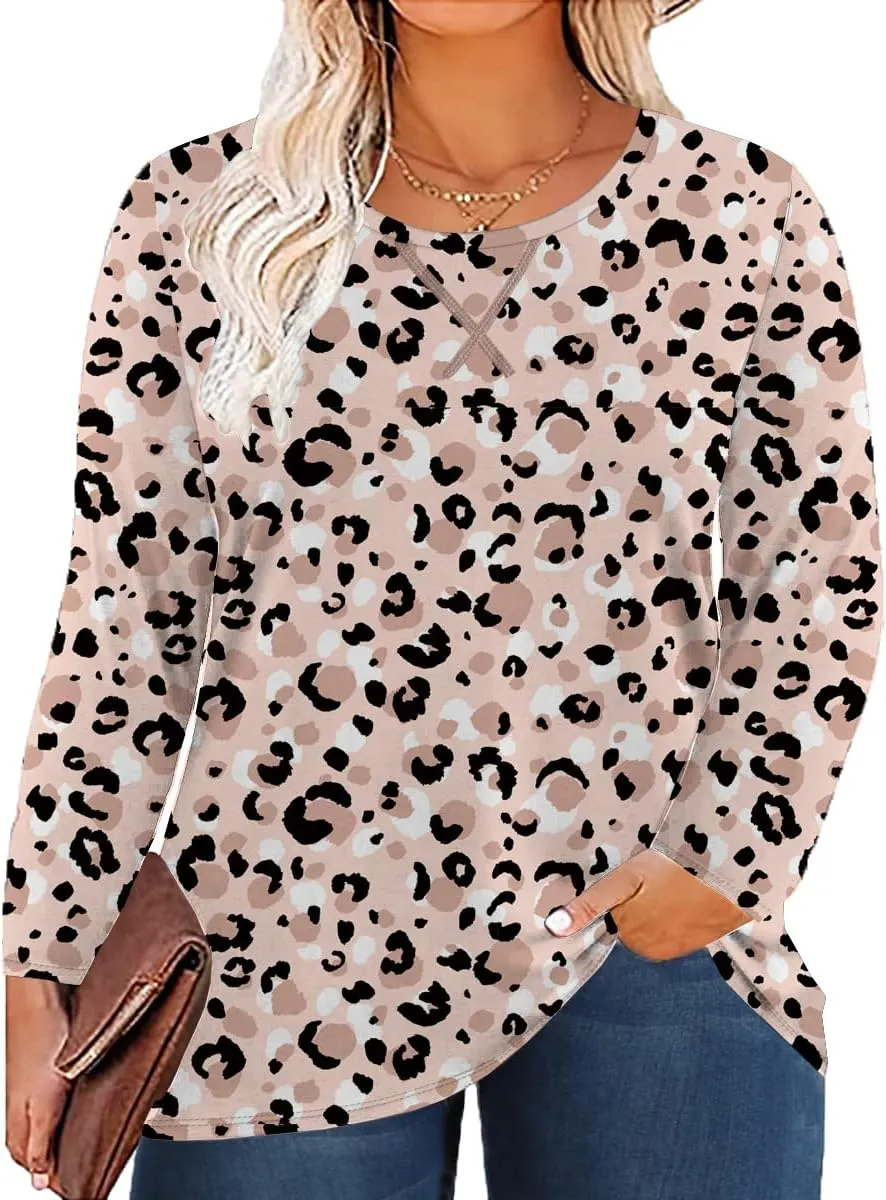 Women's Plus Size Long Sleeve Round Neck Tunics Tops Casual Loose Fit T Shirt Blouse