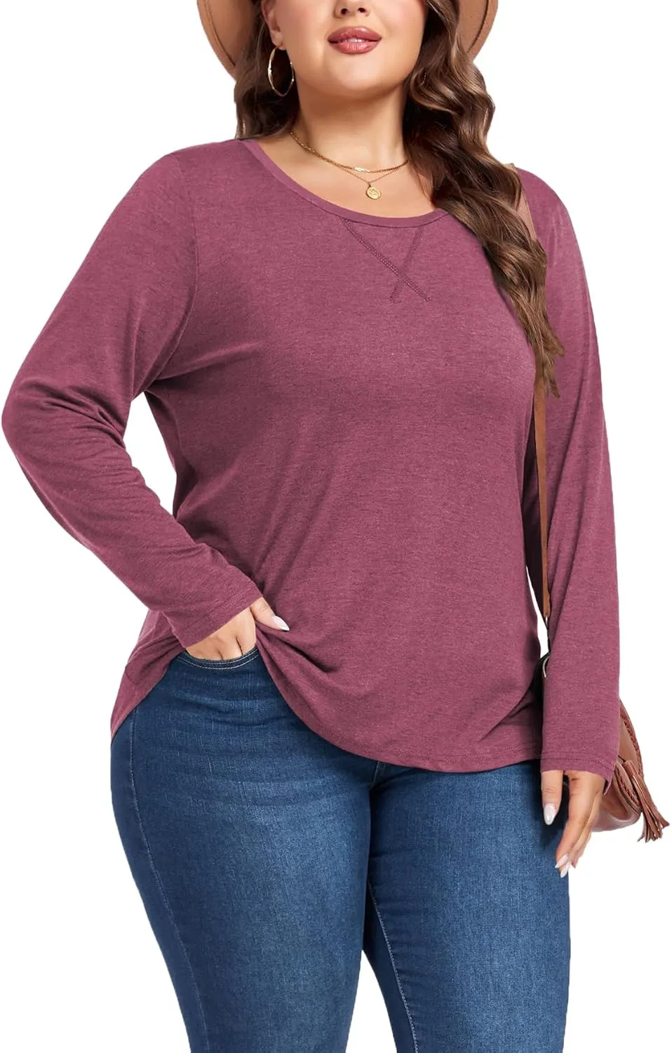 Women's Plus Size Long Sleeve Round Neck Tunics Tops Casual Loose Fit T Shirt Blouse