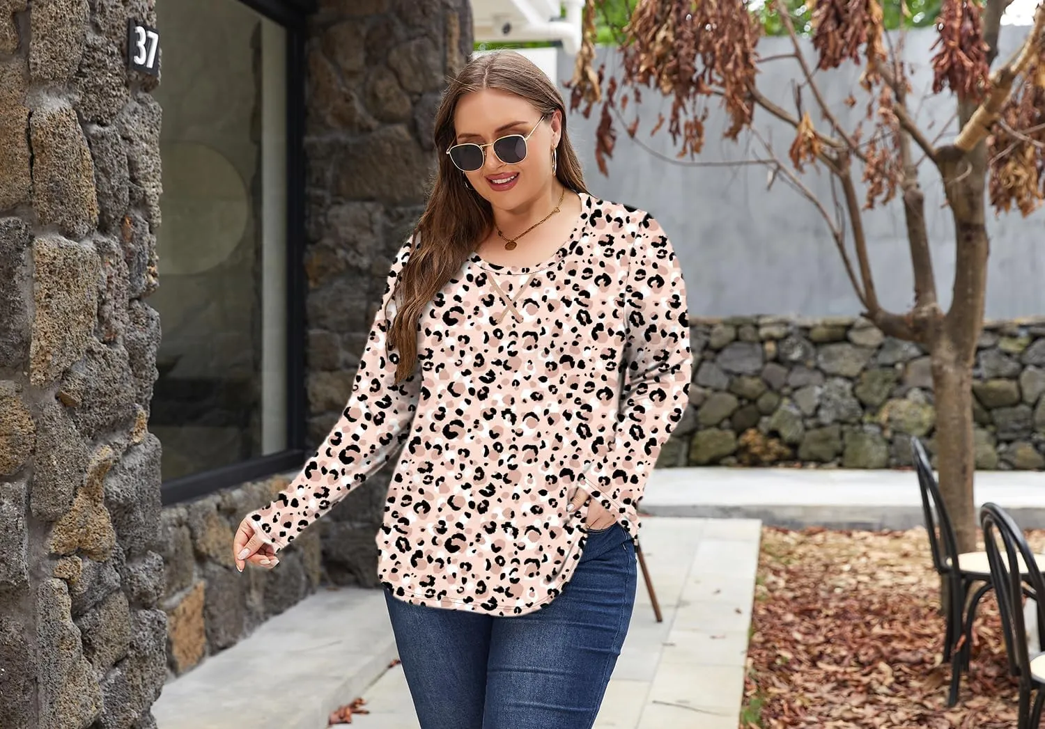 Women's Plus Size Long Sleeve Round Neck Tunics Tops Casual Loose Fit T Shirt Blouse