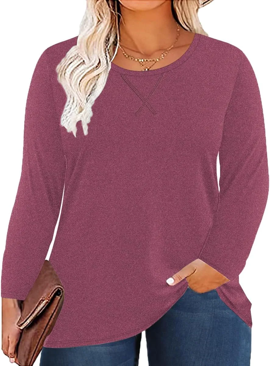 Women's Plus Size Long Sleeve Round Neck Tunics Tops Casual Loose Fit T Shirt Blouse