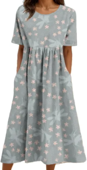 Women's Summer Boho Floral Maxi Dresses Casual Loose Vacation Short Sleeve Flowy Beach Tshirt Dress with Pockets