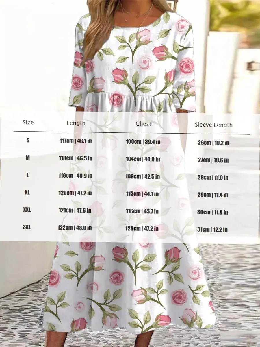 Women's Summer Boho Floral Maxi Dresses Casual Loose Vacation Short Sleeve Flowy Beach Tshirt Dress with Pockets