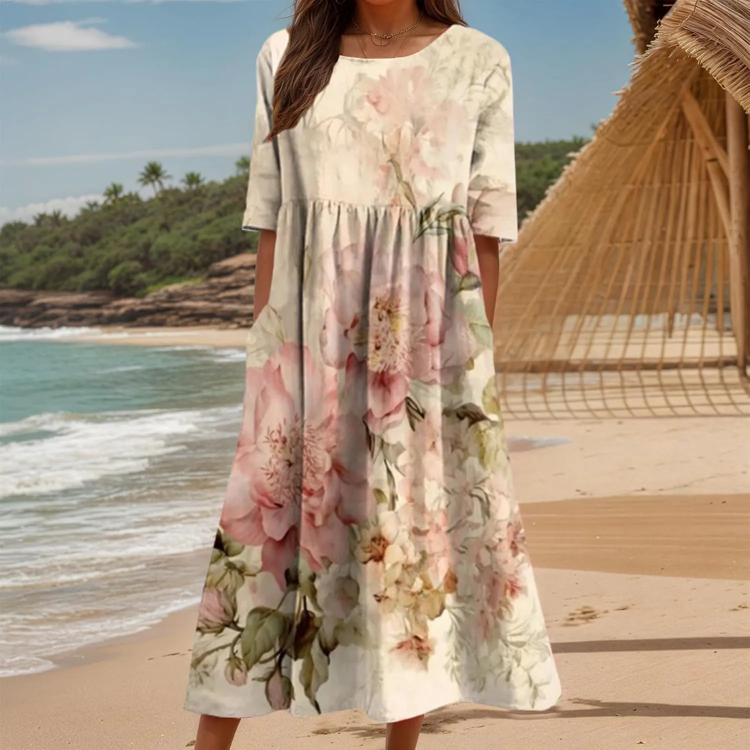 Women's Summer Boho Floral Maxi Dresses Casual Loose Vacation Short Sleeve Flowy Beach Tshirt Dress with Pockets