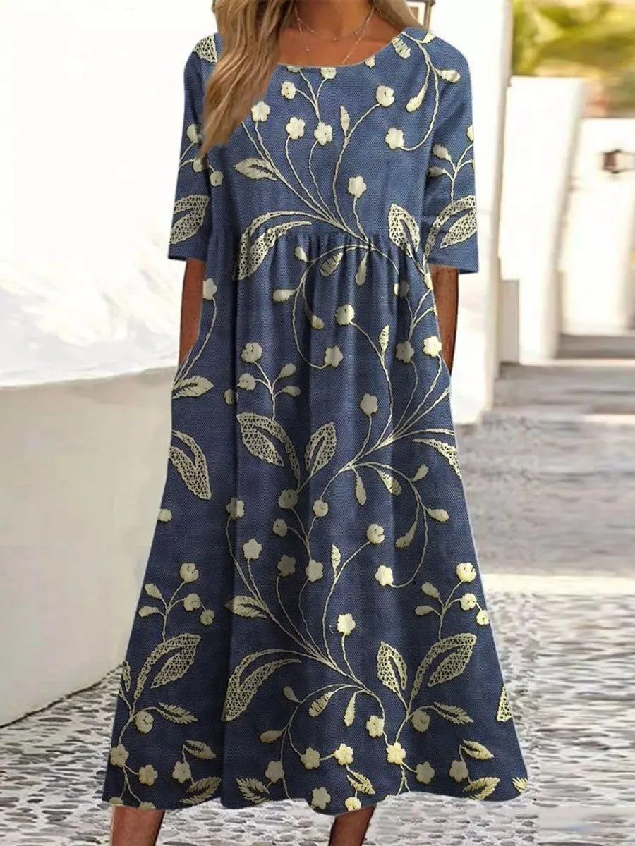 Women's Summer Boho Floral Maxi Dresses Casual Loose Vacation Short Sleeve Flowy Beach Tshirt Dress with Pockets