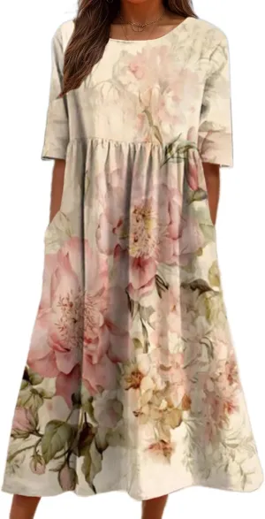 Women's Summer Boho Floral Maxi Dresses Casual Loose Vacation Short Sleeve Flowy Beach Tshirt Dress with Pockets