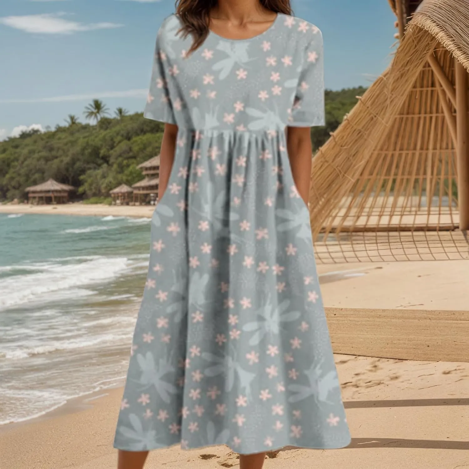 Women's Summer Boho Floral Maxi Dresses Casual Loose Vacation Short Sleeve Flowy Beach Tshirt Dress with Pockets