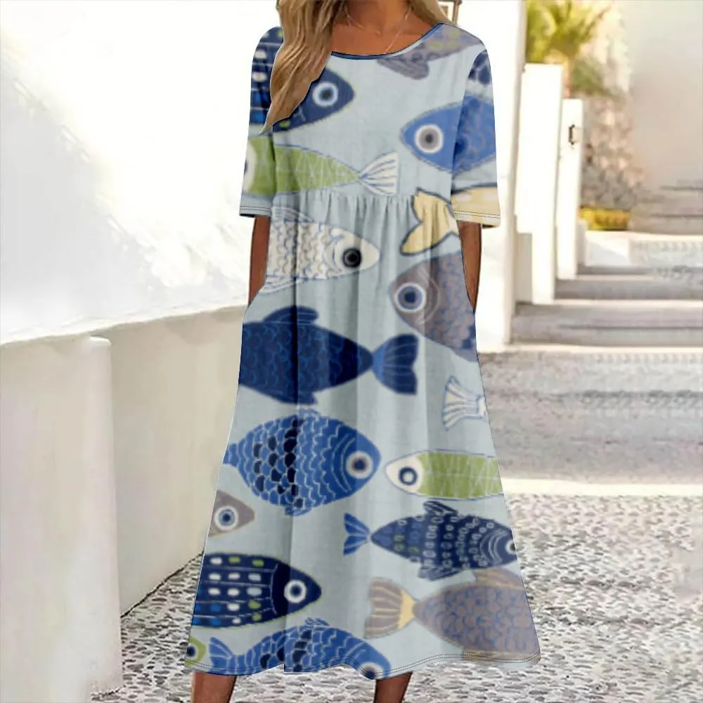 Women's Summer Boho Floral Maxi Dresses Casual Loose Vacation Short Sleeve Flowy Beach Tshirt Dress with Pockets