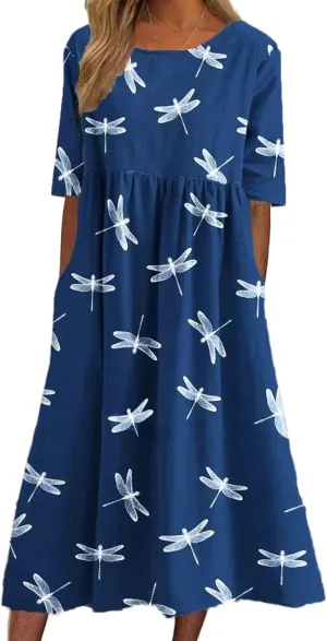 Women's Summer Boho Floral Maxi Dresses Casual Loose Vacation Short Sleeve Flowy Beach Tshirt Dress with Pockets