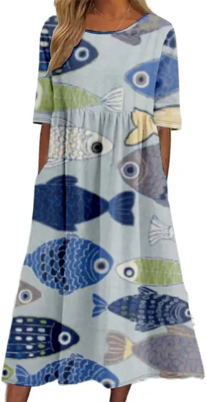 Women's Summer Boho Floral Maxi Dresses Casual Loose Vacation Short Sleeve Flowy Beach Tshirt Dress with Pockets