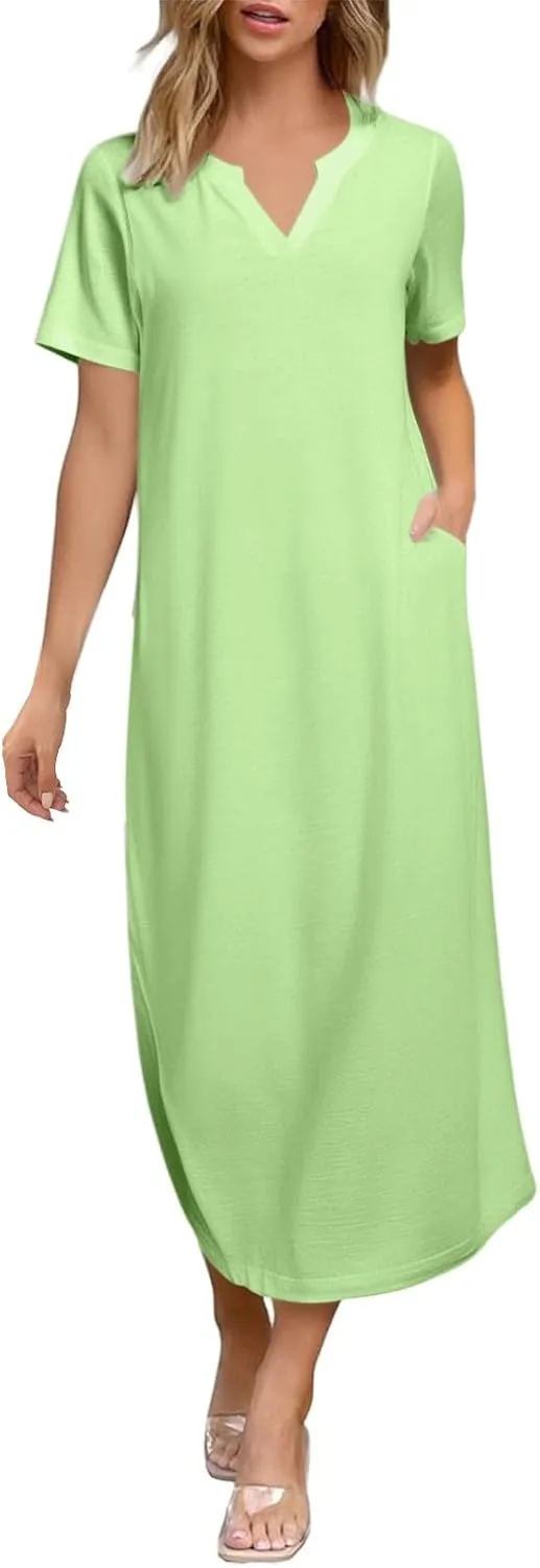 Women's Summer Casual Maxi Dress Short Sleeves V Neck Loose Split Long Beach Shirt Dresses Vacation with Pockets