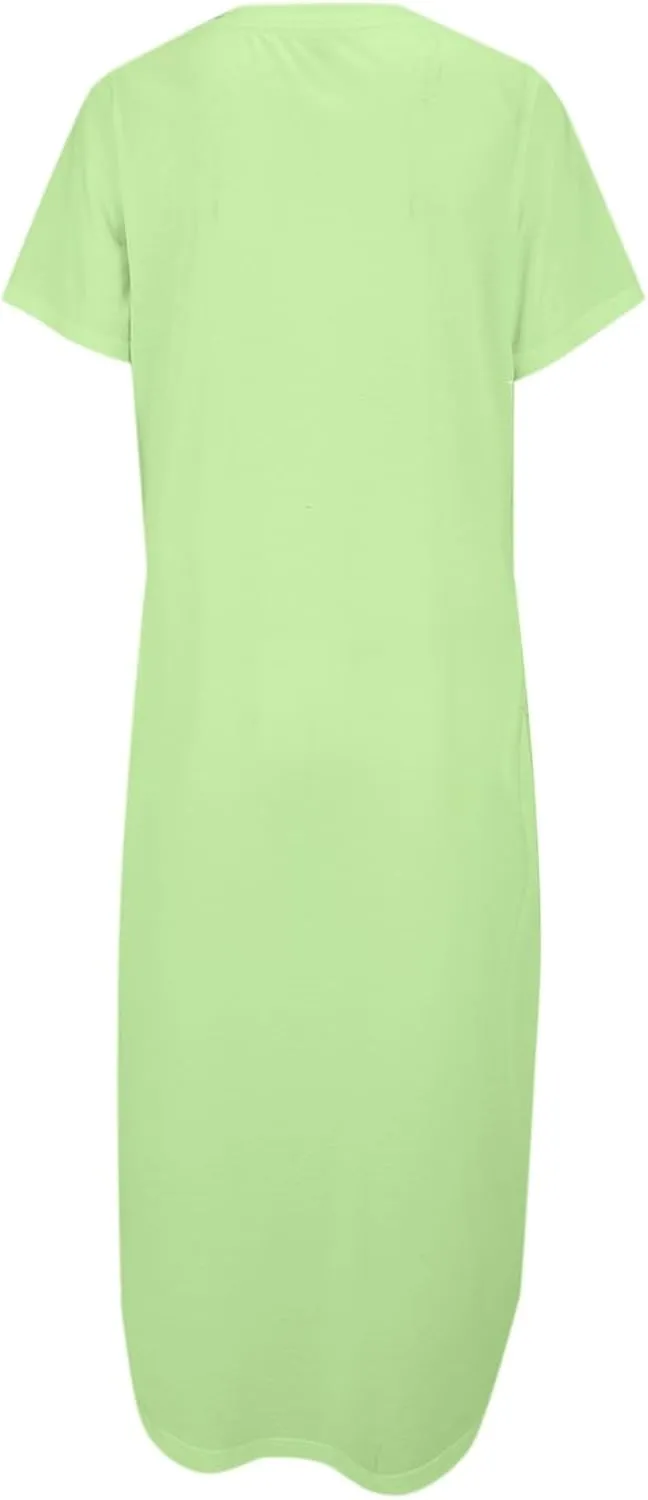 Women's Summer Casual Maxi Dress Short Sleeves V Neck Loose Split Long Beach Shirt Dresses Vacation with Pockets