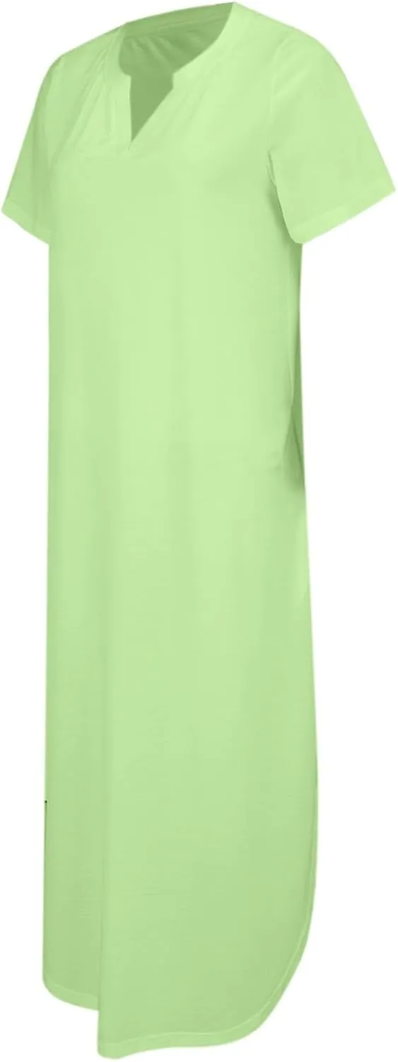 Women's Summer Casual Maxi Dress Short Sleeves V Neck Loose Split Long Beach Shirt Dresses Vacation with Pockets
