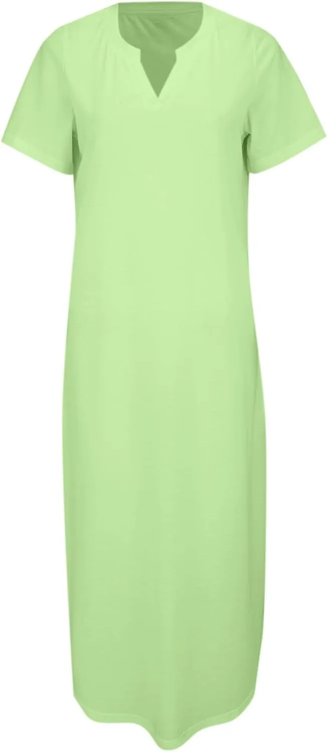 Women's Summer Casual Maxi Dress Short Sleeves V Neck Loose Split Long Beach Shirt Dresses Vacation with Pockets