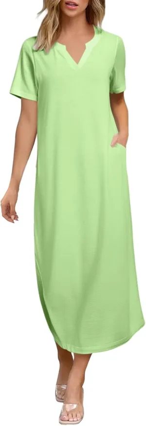Women's Summer Casual Maxi Dress Short Sleeves V Neck Loose Split Long Beach Shirt Dresses Vacation with Pockets