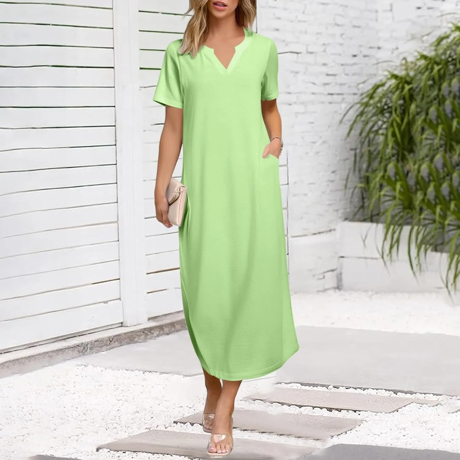 Women's Summer Casual Maxi Dress Short Sleeves V Neck Loose Split Long Beach Shirt Dresses Vacation with Pockets