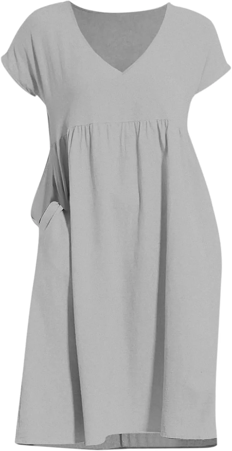 Women's Summer Dresses 2025 Beach Casual Deep V Neck Loose Short Sleeve Mini Sundress with Pockets