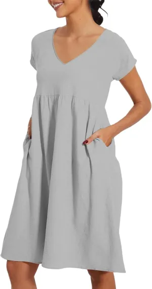 Women's Summer Dresses 2025 Beach Casual Deep V Neck Loose Short Sleeve Mini Sundress with Pockets
